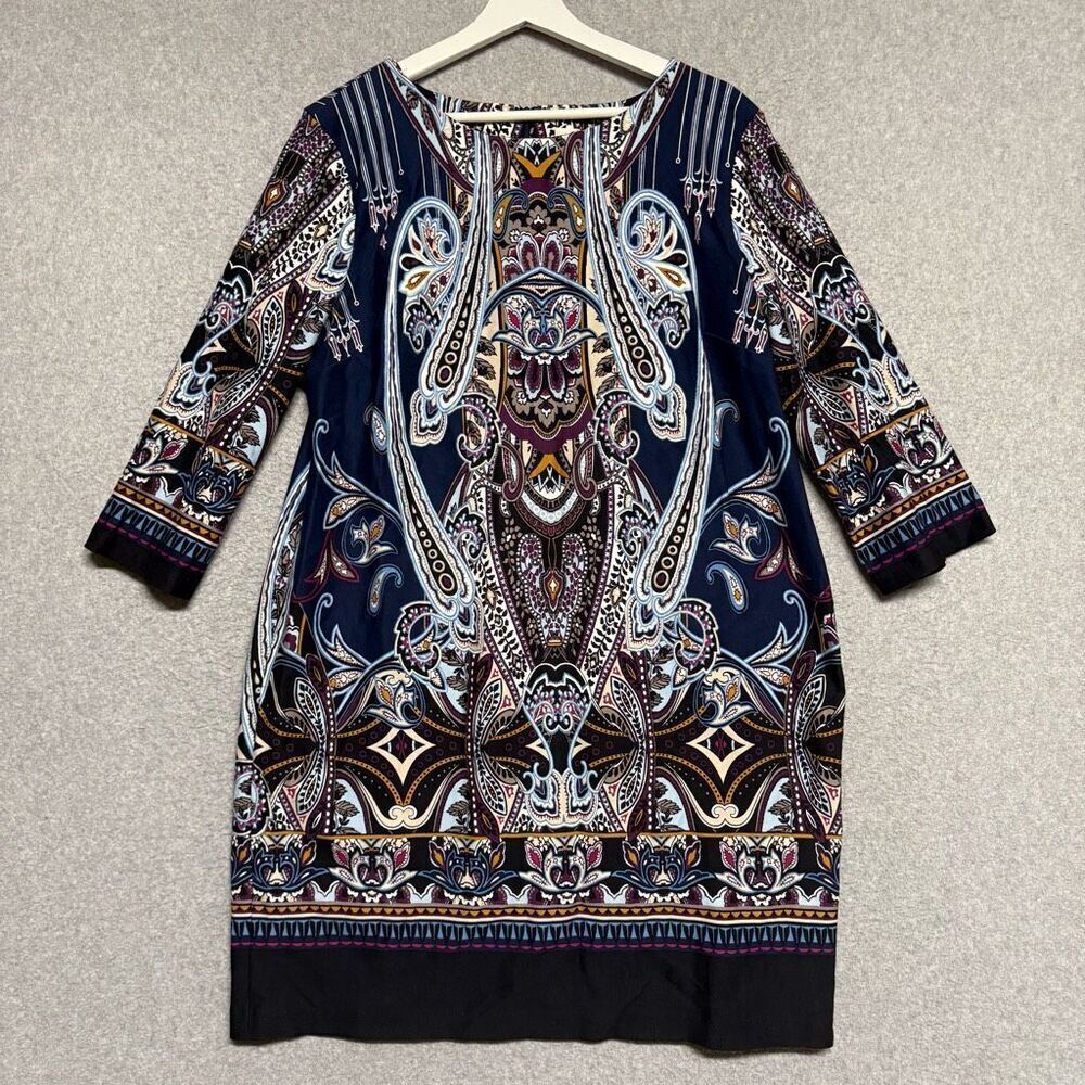 Chico's Size 3, 16, XL Blue Paisley Ponte Knit Shift Knee Length Dress